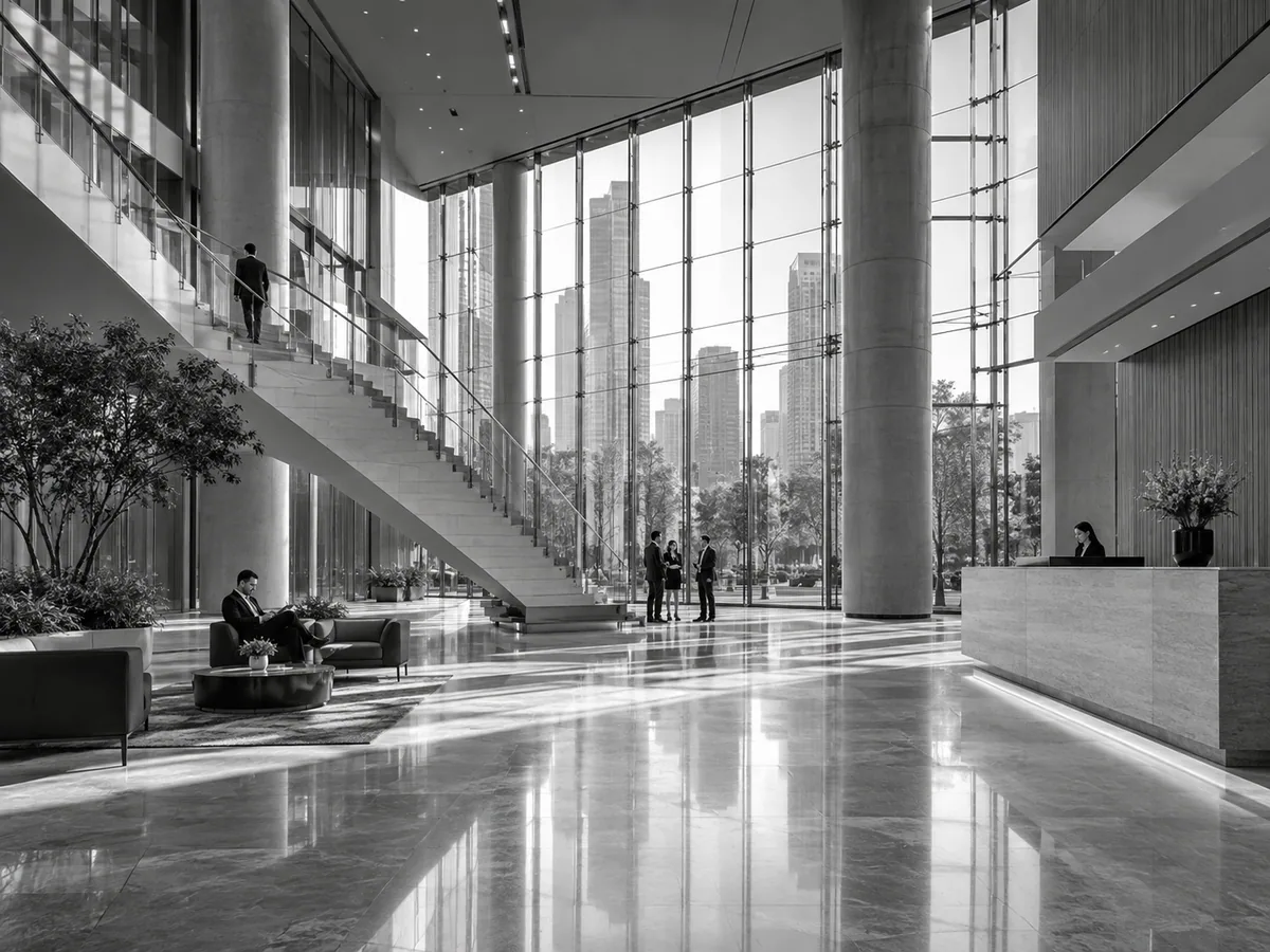 A sophisticated, high-contrast black and white architectural photograph of a modern corporate headquarters lobby. Sharp geometric lines, vast glass walls reflecting soft natural light, and minimal, elegant interior elements conveying authority, global reach, and academic excellence in an editorial style.