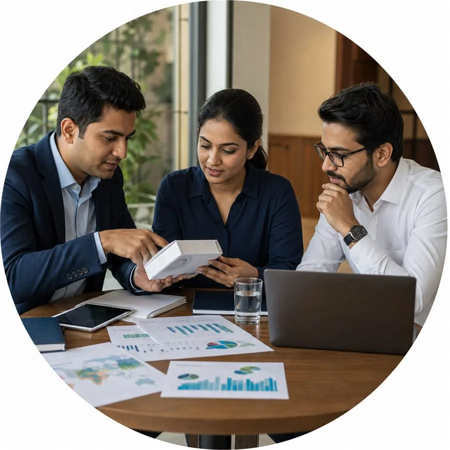 Business team evaluating market data