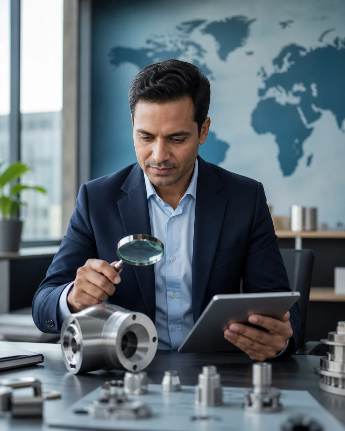 Business professional assessing a manufactured product for export potential