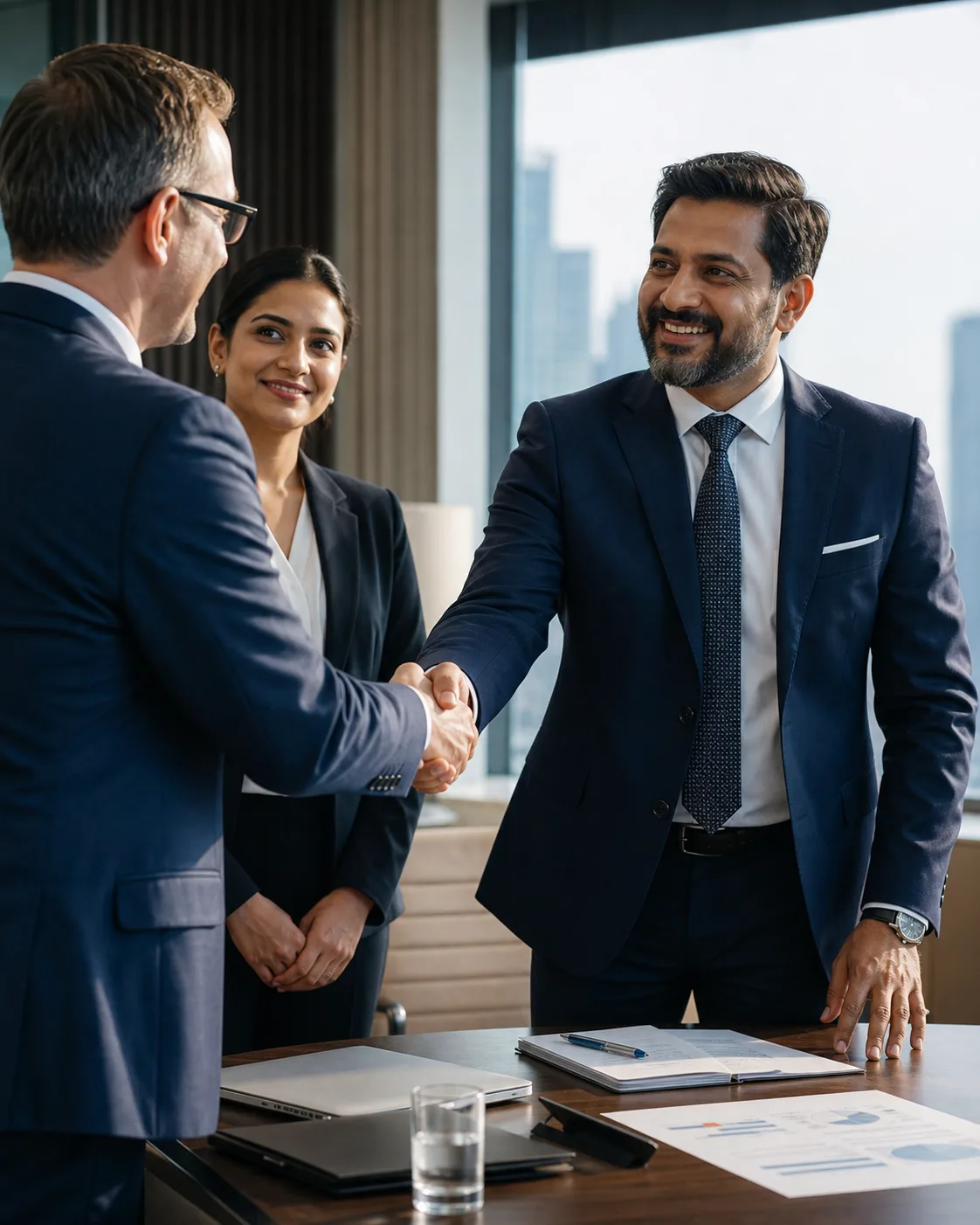 Exporter connecting with an international buyer in a professional meeting