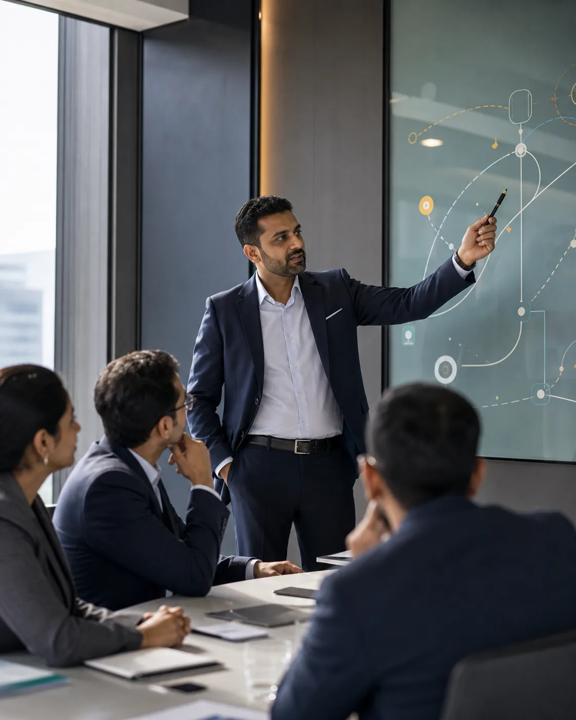 Export strategist presenting an international growth roadmap to a team