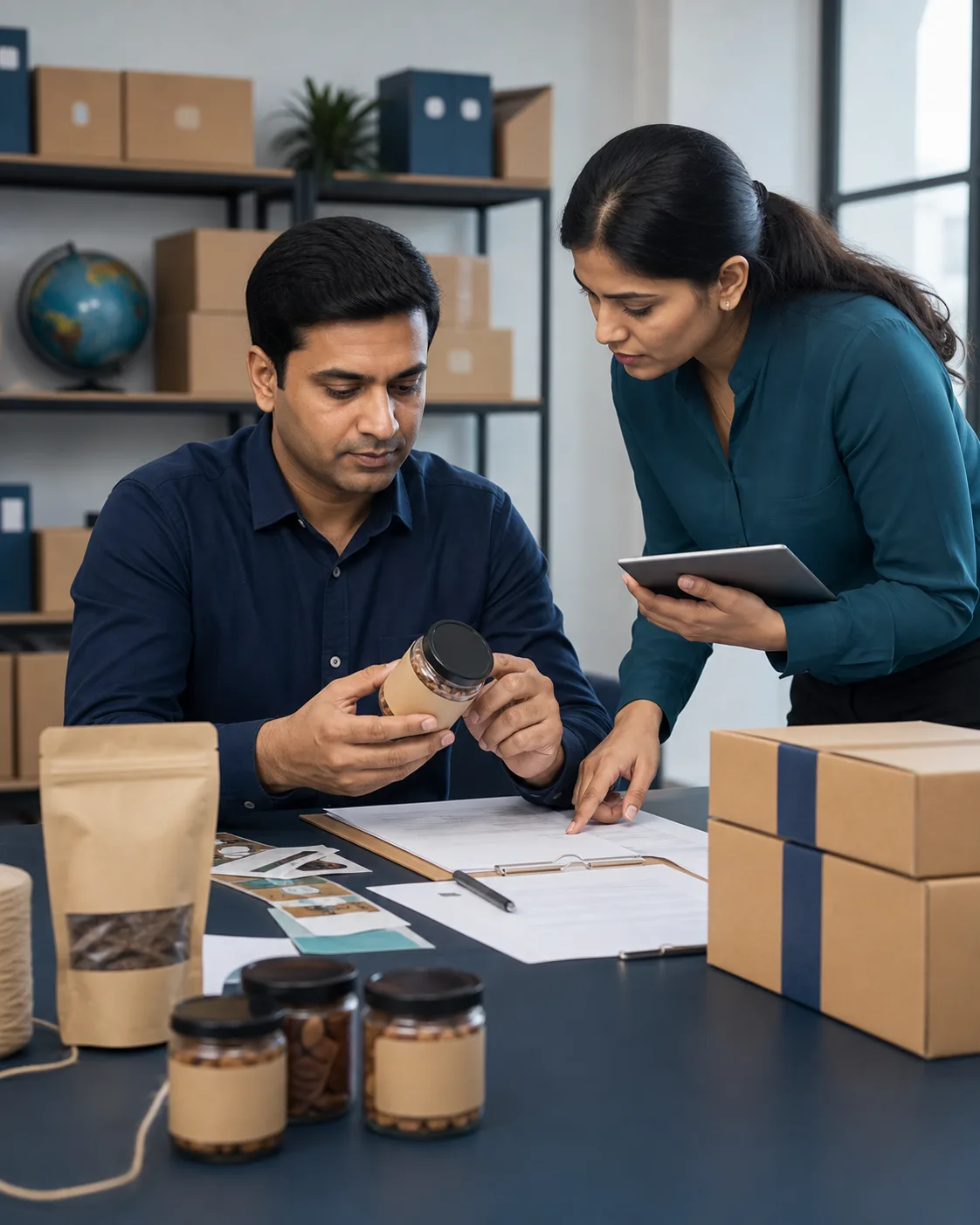 Operations team preparing packaging and compliance materials for export