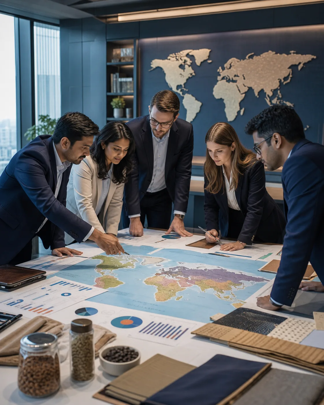 Market analysts selecting promising international markets around a world map